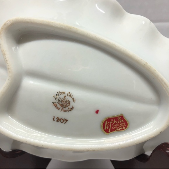 Lefton China Christmas Leaf Holly Cardinals Dish #1207 Hand Painted Gold Trim - Picture 4 of 11